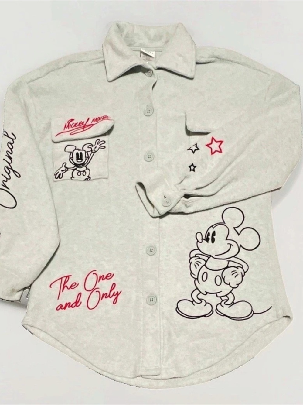 Mickey Mouse embroidered button-down Shacket in Gray XXS